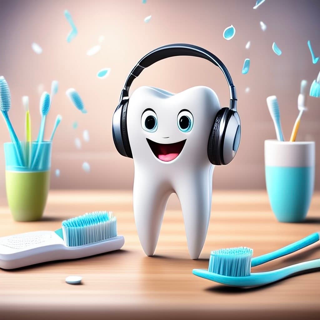 Brushing to the Beat book cover featuring a happy cartoon tooth character wearing headphones, surrounded by colorful toothbrushes. Written by Dorothy Trestka, images created by Mila and Dhilan