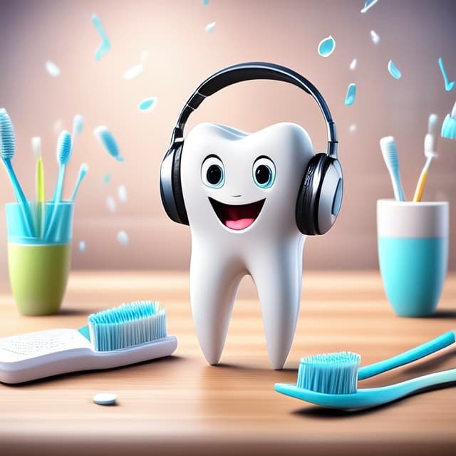 Brushing to the Beat book cover featuring a happy cartoon tooth character wearing headphones